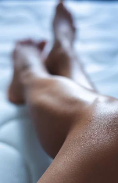 Beautiful Tanned Female Legs White Background — Fotografia de Stock