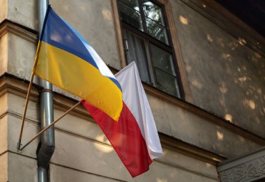 Flag of Ukraine and Poland on the building