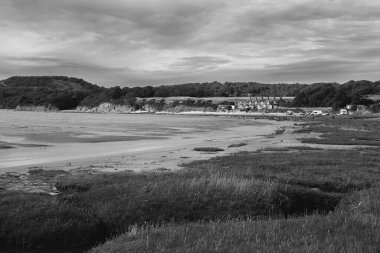 Bir deniz manzarasının siyah beyaz fotoğrafı