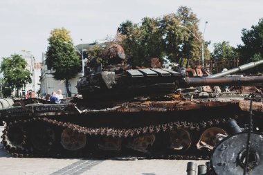 Russian battle tank knocked and destroyed during war Ukraine against Russian aggression are showing to people. Kyiv, August 2022
