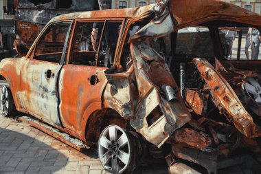 Burnt civilian car, War in Ukraine, Kyiv August 2022