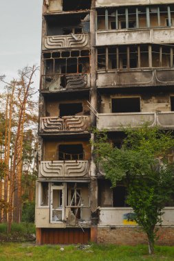 The war of Russia against Ukraine.Destroyed and burned houses, due to the shell of the Russian army.The consequences of the invasion of Russian.