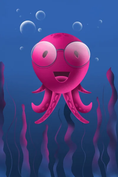 illustration of cartoon pink octopus underwater