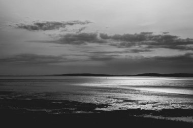 Bir deniz manzarasının siyah beyaz fotoğrafı