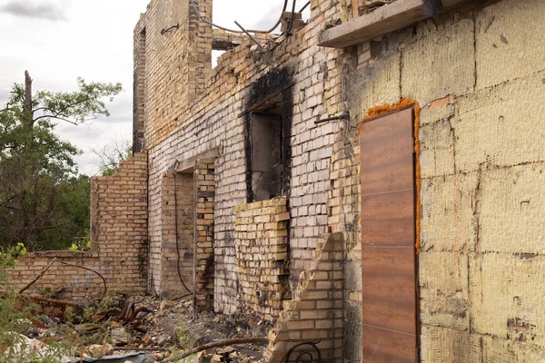 Burnt Wall Destroyed House Russia War Ukraine — стокове фото