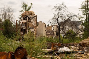 Destroyed and burnt house in Ukraine. Russian aggression