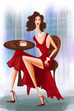 Kırmızı elbiseli güzel bir kadının moda çizimi.