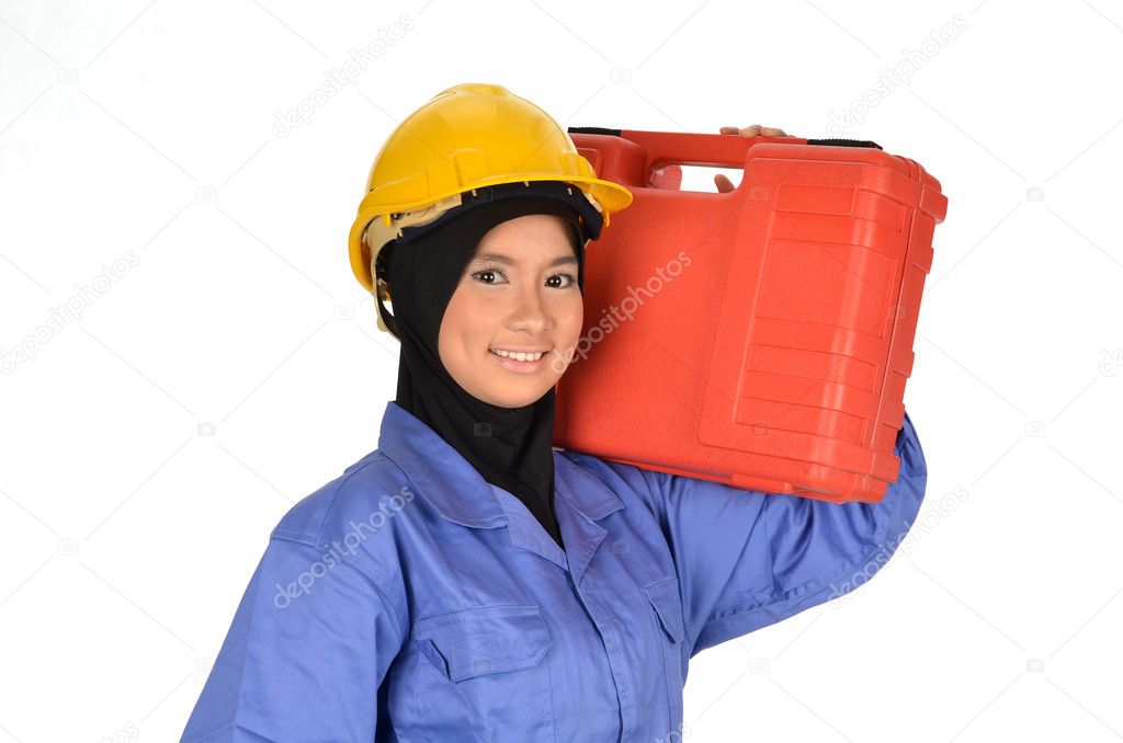 Asian muslimah worker with tool box ready to work