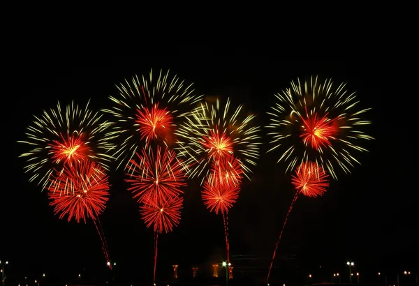 Kara gökyüzü arka planında renkli havai fişekler