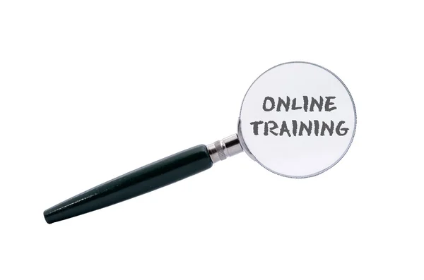 Eğitim kavramı: kelime online eğitim üzerine beyaz izole optik cam büyütme