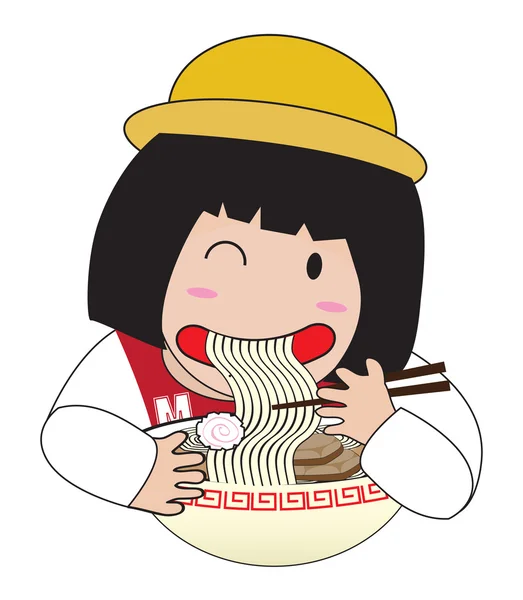 Chica comer fideos — Vector de stock