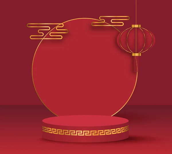 Chinese New Year Golden Podium Display Mockup Red Abstract Background — Stok Vektör