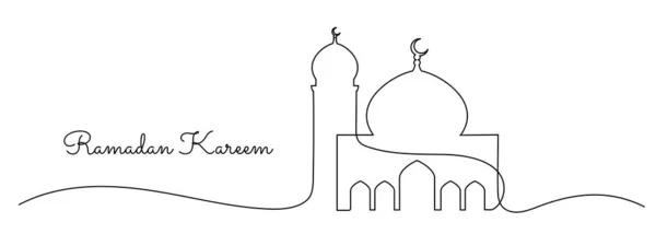 Línea Continua Dibujo Ramadán Kareem Bandera Mezquita Aislada Sobre Fondo — Vector de stock