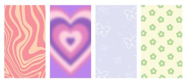 Geometrik Yıldız, kalp, kelebek, çiçek soyut arkaplan seti. Lovely Vibes Poster Tasarımı. Moda Y2K Görüntü.