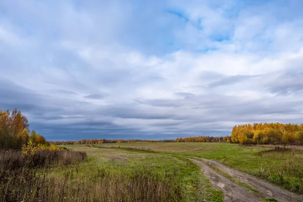 Uma Longa Estrada Terra Grande Campo Dia Nublado Outono Rússia — Fotografia de Stock