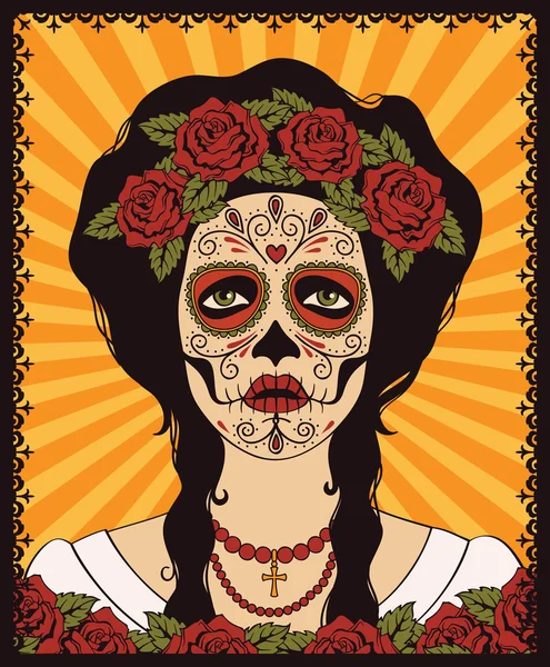 Cadre avec fille de crâne mexicaine — Image vectorielle