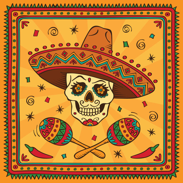 Border with mexican skull and maracas