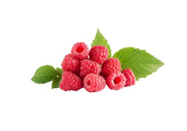 Ripe raspberry berries and green leaves isolated on a white background