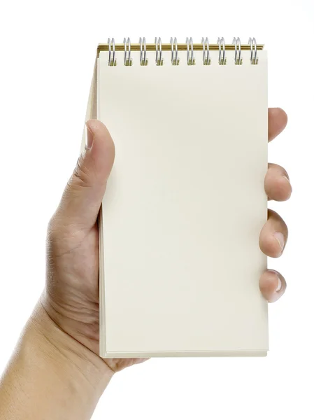 A hand holding a notebook, isolated on white background — Stock Photo, Image