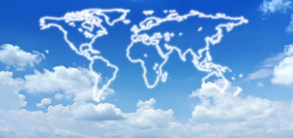 World Map, World atlas in the blue sky full with fluffy white clouds — Stock Photo, Image