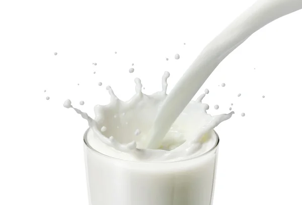 Pouring milk or white liquid in a glass created splash in white background or isolated — Stock Photo, Image