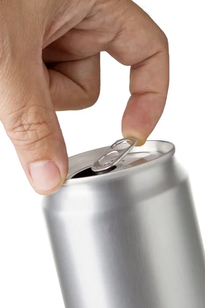 A hand opening soda or beer pull tab can. — Stock Photo, Image