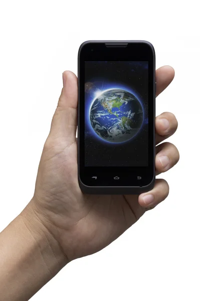 Planeta Terra com nascer do sol no espaço globo no telefone celular segurar pela mão do homem — Fotografia de Stock