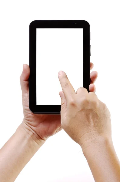 Tablet pc com mão tocando com espaço de tela em branco para texto ou propaganda — Fotografia de Stock