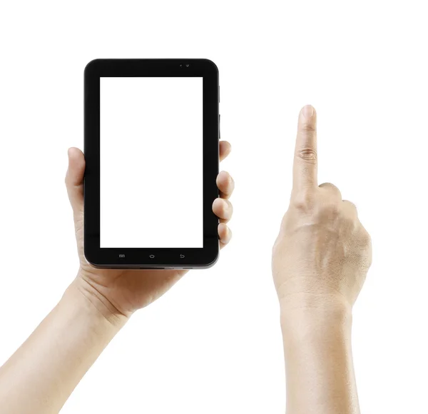 Toque na mão e mão segurando tela em branco gadget tablet pc, telefone móvel — Fotografia de Stock
