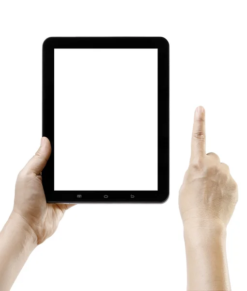 Mão segurando tablet pc como ipade com espaço em branco da tela — Fotografia de Stock