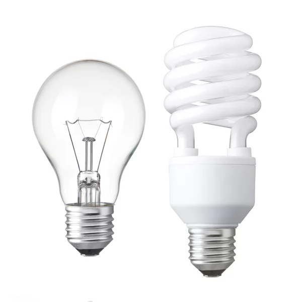 Change for save - light bulbs, Tungsten bulb, and white energy saving bulb. Realistic photo image — Stock Photo, Image