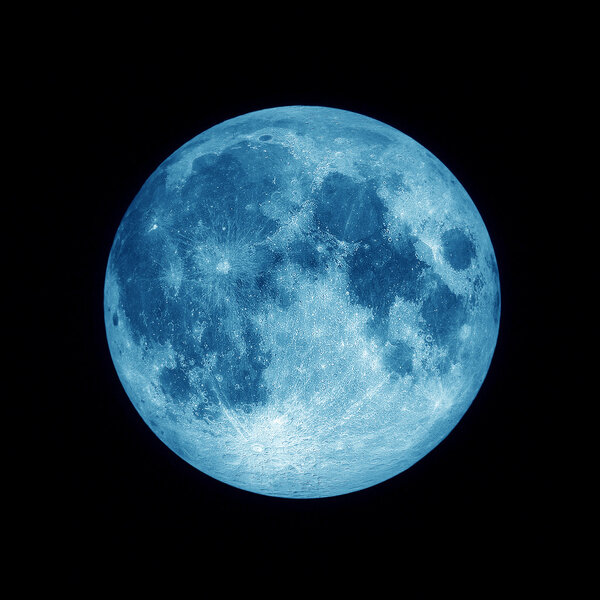 Close up of Full blue moon with star on black space background, Blue lunar in dark night sky