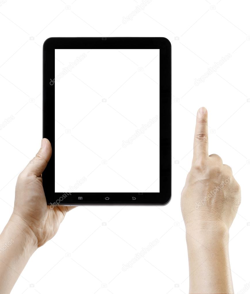 Hand holding tablet pc like ipade with blank screen space