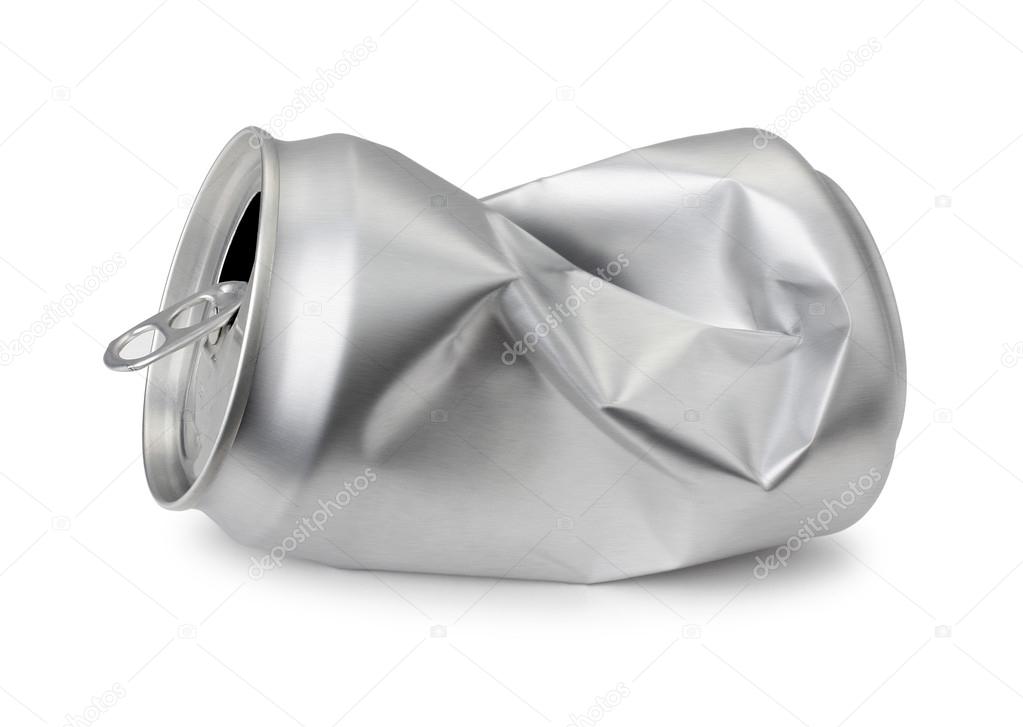 Crumpled empty blank can. Crushed junk, garbage can recycle, Realistic photo image.