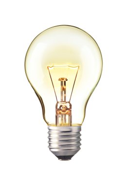 Klasik ampul üzerinde Tungsten ampul açmak, Glowing sarı ampul işareti ve düşünme fikir sembolü