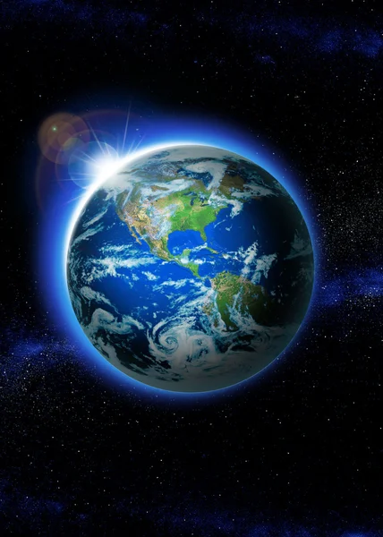 Planeta Terra com o nascer do sol no espaço. Nascente Sol sobre o mundo Elementos desta imagem fornecidos pela NASA — Fotografia de Stock