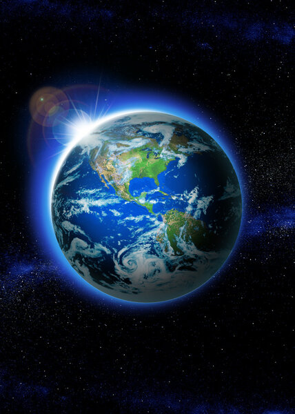 Planet earth with sunrise in space. Rising Sun over the world Elements of this image furnished by NASA — Stock Photo, Image