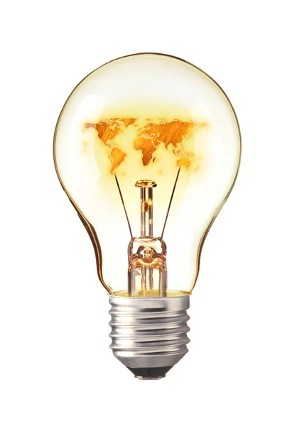 World atlas in tungsten light bulb. Glowing yellow light bulb World Map — Stock Photo, Image