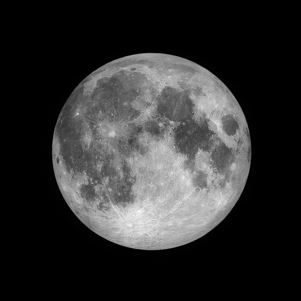 Primo piano della luna piena, lunare sul cielo notturno scuro, spazio nero, sfondo nero — Foto Stock