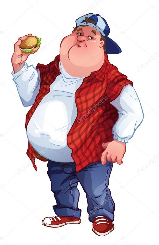 A fat man with a hamburger