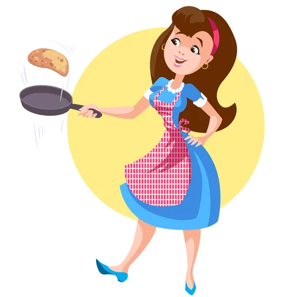 Een vrouw in een schort met een koekenpan — Stockvector