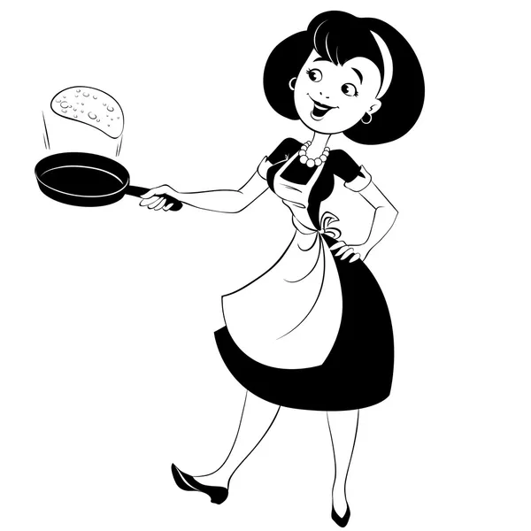 A woman in an apron with a frying pan - black outline — Stock Vector