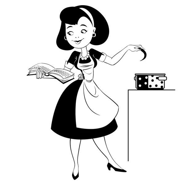 Housewife preparing a soup - black outline — Stock Vector