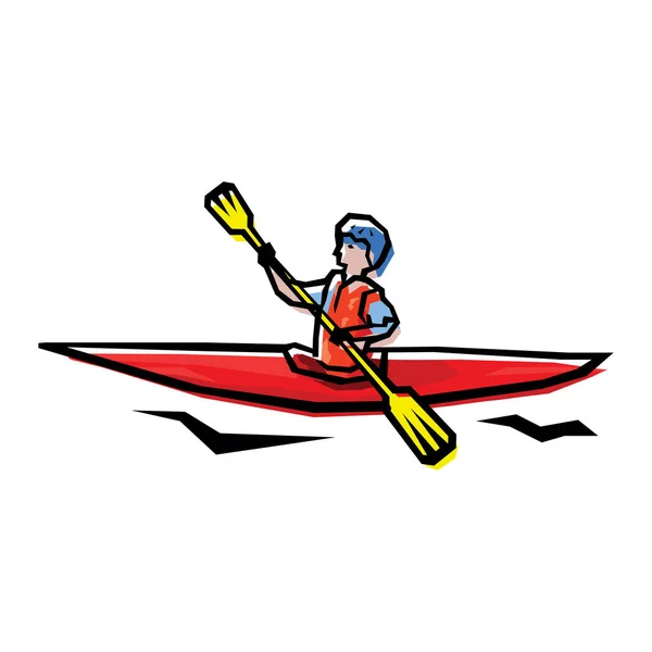 Remo turístico en kayak. Recreación activa y deportes ríos y lagos. El hombre chaleco salvavidas paletas de un asiento canoa a través del agua. Rafting extremo a lo largo del flujo del río de montaña. Concepto plano vectorial aislado — Vector de stock