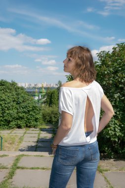 Young woman in summer park, bokeh clipart