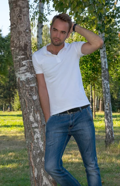 Young man standing at tree in park in summer — Stock Photo, Image