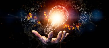 Bağlantı yaratıcılığı. Yenilikçi fikir. İlham ve iletişim ağı. Küresel ağ bağlantısında yeniliğin sembolü olarak dijital ampulleri gösteren el.