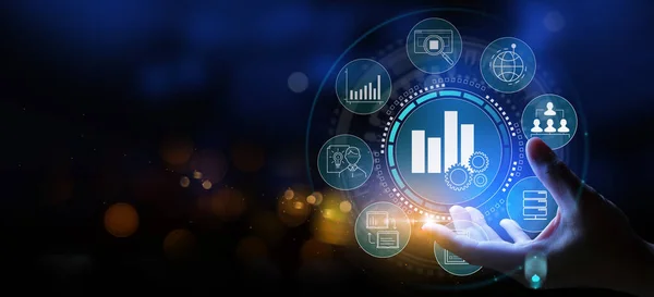 Business Hand Worker Holding Business Analytics Big Data Analyse Technologie — Stockfoto