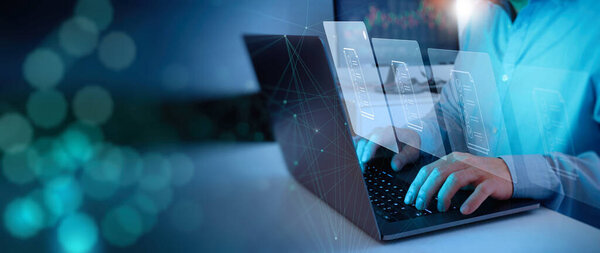 compliance rules and law regulation policy concept businessman working laptop computer on virtual screen, documents with checkbox lists