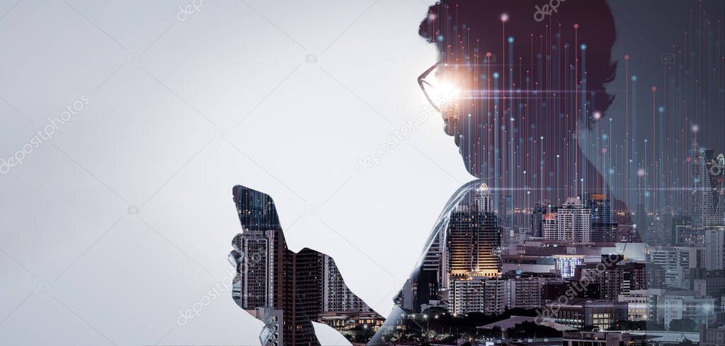 5G smart wireless digital city and double exposure of Young woman calling with smart phone.Mobile communication network concept.